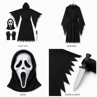 Robe noire à capuche avec masque style Scream blanc, taille unique adulte, ensemble Halloween à bords effilochés avec gants et couteau d'accessoire