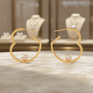 Orecchini a Cerchio con Cuore Dorato e Perla Coltivata Bianca, Design Minimalista per Uso Quotidiano Femminile, Placcati in Oro 18K - Product Image 2