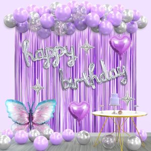 Fournitures de fête d'anniversaire en gros, guirlande de ballons en aluminium à motif de papillon violet, ensemble de décoration de fond pour filles, joyeux anniversaire - Product Image 1