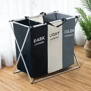 Foldable Dirty Laundry Basket Organizer Printed Collapsible Three Grid Home Laundry Hamper Sorter Laundry Basket Large