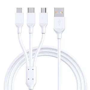 Kabel PVC pengisian cepat bulat 3 in 1 harga murah 2,4 A Putih Hitam 1.2M digunakan untuk Earphone ponsel pintar Android Iso