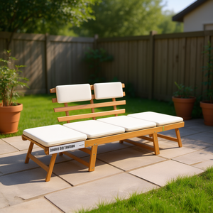 Lit de soleil d'extérieur en bois d'acacia, banc de patio avec coussin crème, design minimaliste, mobilier durable - Product Image 2