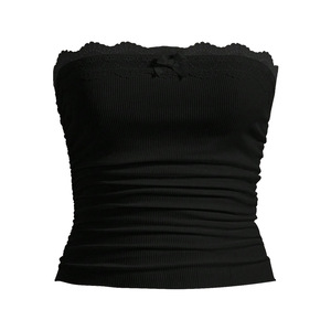 Peeqi, venta al por mayor, Tops cortos informales para mujer para verano, nuevo corsé plisado, Color sólido, <span class=keywords><strong>Camiseta</strong></span> corta <span class=keywords><strong>de</strong></span> retazos <span class=keywords><strong>de</strong></span> <span class=keywords><strong>encaje</strong></span> sin <span class=keywords><strong>tirantes</strong></span> para - Product Image 3