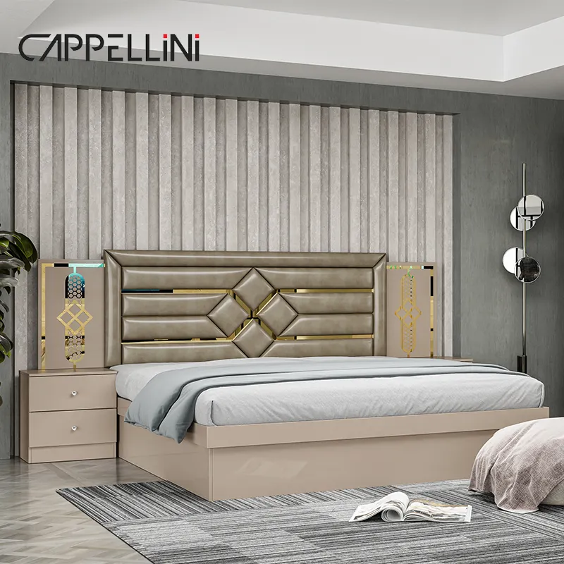 Ucuz fiyat kraliçe boyutu ahşap başlık Modern deri yatak Rom Suite lüks kral Mdf tam yatak odası mobilya Set