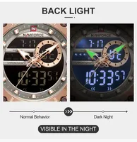 Jam tangan bisnis pria NF9163, arloji kuarsa LCD Digital Dial hitam untuk tali baja tahan karat tangan bercahaya 9163