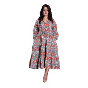 Vestido Midi de Algodón Hecho a Mano para Mujer, Estilo Simple, Moderno y Vintage, con Estampado Floral, Ecológico, para Fiestas Formales, con Decoración de Botones y Cintura Natural - Product Image 1