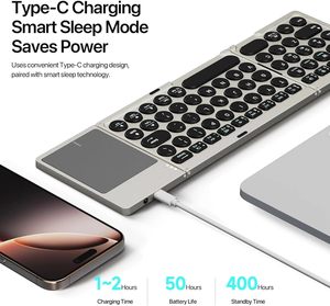 Foldable <b>Keyboard</b> Portable PU Leather <b>Wireless</b> Rechargeable <b>Keyboard</b> with High Sensitivity Touchpad Connect Up to 3 Device - Product Image 5