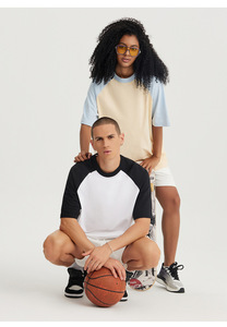 240G Mùa Hè Mới Phong Cách Mỹ Raglan Màu Khối Tinh Khiết Cotton Lỏng Phù Hợp Với Retro Cổ Thường Ngắn Tay Áo T-Shirt Người Đàn Ông Hợp Thời Trang - Product Image 4