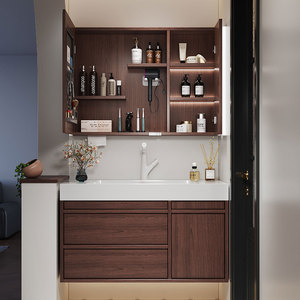 Elegante <span class=keywords><strong>Mobile</strong></span> <span class=keywords><strong>Bagno</strong></span> Sospeso a Incasso, <span class=keywords><strong>Mobile</strong></span> Effetto Noce, Lavabo in Ceramica e Armadietto a Specchio Semi-Aperto con LED per Ordini all'Ingrosso - Product Image 4