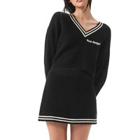 Vente en gros de jupes pull en coton mélangé avec logo personnalisé pour femmes, pull-over à col en V, tricots de couleur unie pour le tennis sportif, ensemble 2 pièces OEM