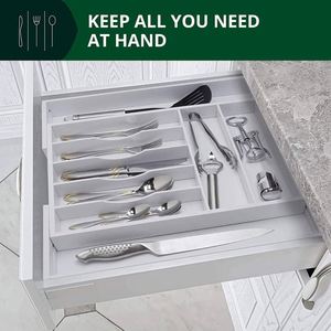 Organisateur de tiroir en bambou avec séparateurs rainurés pour couverts et ustensiles de cuisine, couleur blanche - Product Image 2