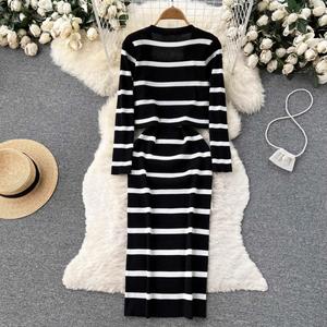 <b>Long</b> Sleeve Striped Spaghetti <b>Slip</b> Autumn Digital Printing Natural Waist Acrylic Crocheted Knitted Breathable Eco-Friendly Dress - Product Image 4
