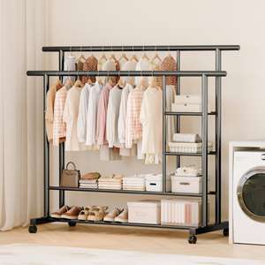 厚手の金属製ダブルロッド衣類ラックボトム<span class=keywords><strong>2</strong></span>面棚付き多機能ホイール付きモダンなリビングルーム収納 - Product Image 1