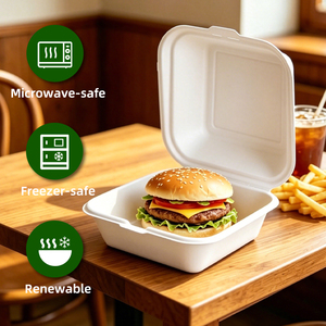 Boîte à burger carrée de luxe en bagasse de canne à sucre, jetable, compostable, biodégradable, avec couvercle, portable pour l'extérieur, conteneur alimentaire à clapet - Product Image 3