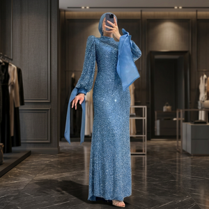 Elegant Maxi Cocktail Formal Evening Party <b>Dress</b> Luxurious Satin Lace Crystal Pattern Anti-static Vintage Beaded Design Pearls - Product Image 3