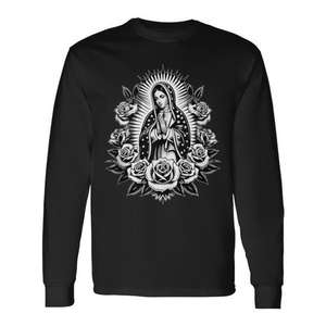 Camiseta de Manga Larga con Diseño Floral de la Virgen de Guadalupe, Arte Religioso - Product Image 1