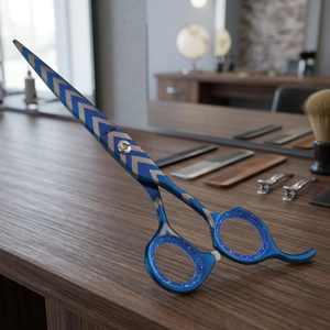 Ciseaux à cheveux professionnels en acier inoxydable, pointe acérée, pour droitiers, manche long, motif bleu chevron, ciseaux de coiffure - Product Image 2