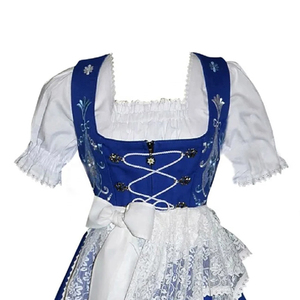 Traditional Blue Dirndl <b>Dress</b> White Lace Apron Floral Embroidery A-Line Midi Skirt Square Neck Cap Sleeve Vintage Folk Style - Product Image 2