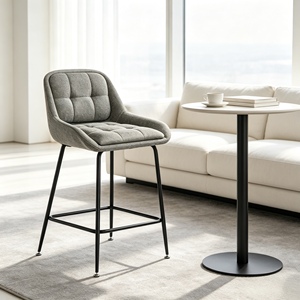 Tabouret de bar moderne en tissu gris avec structure métallique et accoudoirs fixes, design contemporain pour usage domestique - Product Image 2