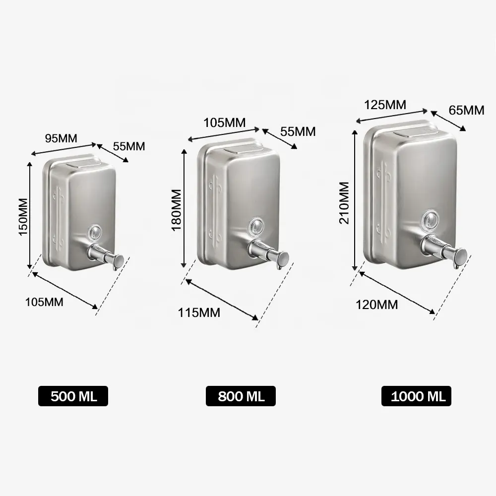 품질 저렴한 가격의 브러시 금속 액체 비누 디스펜서 500ML/800ML/1000ML 벽걸이 형 스테인레스 스틸