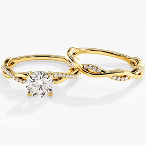 Conjunto nupcial de oro de 14k/18k con anillo de compromiso de diamantes y banda de boda de media eternidad con diamantes de laboratorio para mujer - Product Image 1