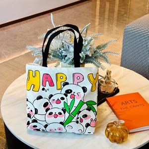 Large Cotton <strong>Panda</strong> Canvas Tote <strong>Bag</strong> with Fashionable New Design Zipper Closure Two Handles Custom Cartoon Student Girls Women - Product Image 4