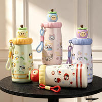 Bouteille d'eau isotherme à double paroi en acier inoxydable, motif dessin animé mignon, avec paille et cordon, idéale pour les enfants et les cadeaux scolaires