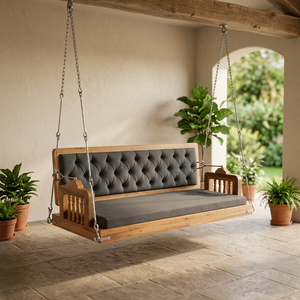 Chaise suspendue de patio extérieure en bois avec coussin gris non imperméable pour 2 personnes, design traditionnel - Product Image 2