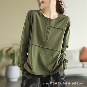 Women Long Sleeve T-<b>Shirt</b> Knitted Polyester <b>Patchwork</b> Buttons Casual Everyday Wear Spring Autumn Green Black White Gray - Product Image 3