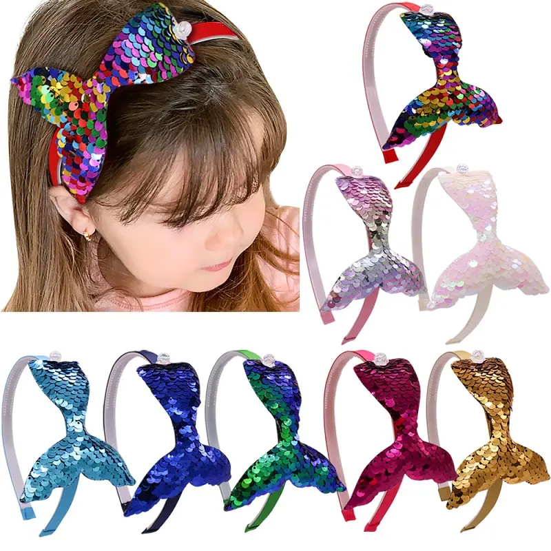 Sequin Mermaid Headband Baby Girls Hair Accessories Handmade Rainbow Kids Hairband Little Mermaid Party Supplies Headdress