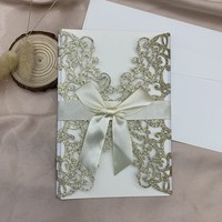 Carte d'invitation de mariage luxueuse à thème marin, en papier pailleté découpé au laser, motif floral fait main, avec ruban