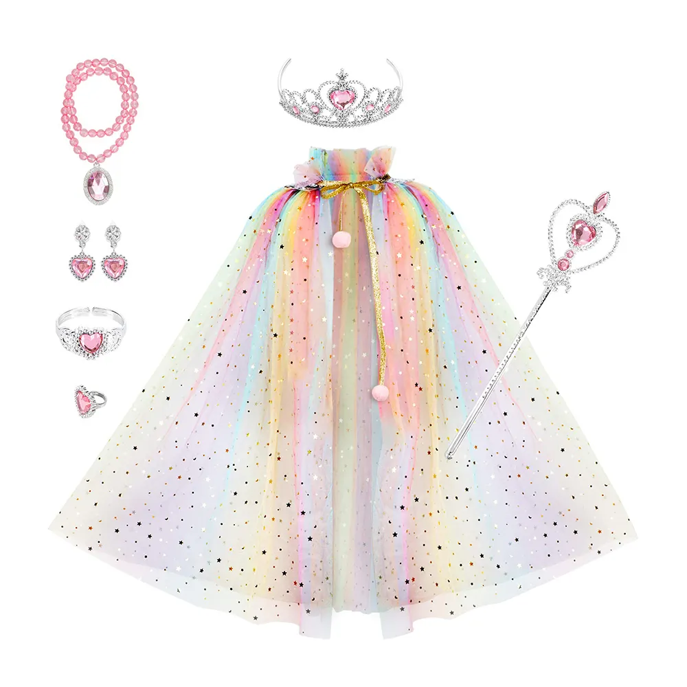 CM046 Princess Dress up Costume Glitter Princess Rainbow Cape Cloak Crown Wand Jewelry for Kid Girls Christmas Carnival Party