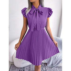 RNSHANGER nuevas mujeres Primavera Verano elegante encaje hasta cintura alta vestido de pliegue grande <span class=keywords><strong>para</strong></span> damas cuello de lazo <span class=keywords><strong>vestidos</strong></span> plisados de Color sólido - Product Image 3