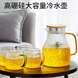 Jarra de agua de vidrio texturizado martillado con tapa de madera, resistente al calor, para uso doméstico, juego para servir bebidas frías para adultos - Product Image 4