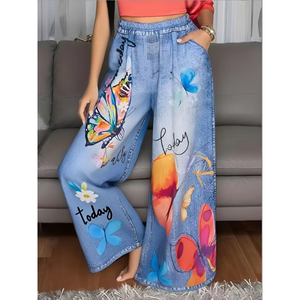 New Women's Faux Denim Print Straight Leg Pants-Mid-Waisted Loose Fit Breathable with Pockets Summer Casual - Product Image 3
