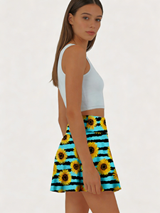 Jupe courte évasée décontractée pour femme, taille haute, imprimé tournesol rayé turquoise et noir, style skater, coupe trapèze, idéale pour l'été - Product Image 3