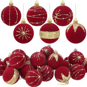 Bombillas colgantes de árbol de Navidad de Borgoña, bolas de árbol, adornos de árbol de Navidad de terciopelo rojo, decoración de bolas de Navidad flocadas - Product Image 2