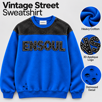 Sweat-shirt surdimensionné personnalisé pour homme, col rond, en tissu épais, avec appliqué 3D, rivets, effet vieilli et découpes, style vintage