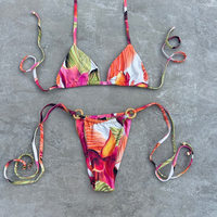 Pembuatan Pakaian Renang Custom Charm Ramah Lingkungan, Mikrokini Tali Tipis Segitiga Halter Bordir Manik 3D Ikat Samping Set Bikini Wanita