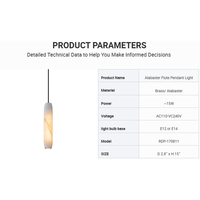 Lampe suspendue à flûte d'albâtre mince et cylindrique en albâtre avec lueur chaude, parfaite pour les salles à manger ou les îlots de cuisine