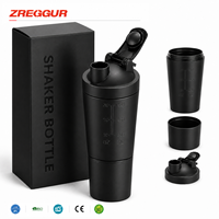 Bouteille shaker à protéines 2-en-1 en acier inoxydable de 600 ml avec gobelet de rangement de 200 ml, fouet et échelle de mesure pour la gym et le fitness