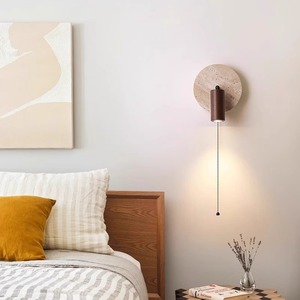 Lampe murale vintage en pierre Huangdong avec abat-jour en bois rotatif et interrupteur à chaîne, idéale pour la lecture au chevet de la chambre - Product Image 4