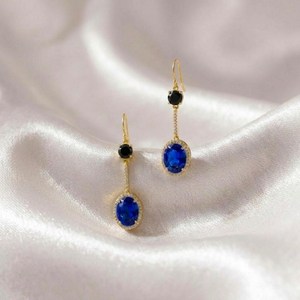 Natural Blue Sapphire <b>Earrings</b> with Black Obsidian Gemstone Dangle Design Elegant Deep Blue Jewelry Gift Women <b>Fine</b> <b>Earrings</b> - Product Image 6