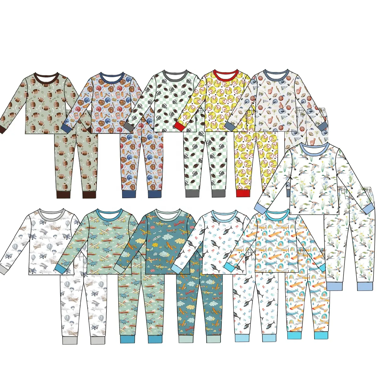 Custom kids clothes sports pattern newborn baby boy two pcs lounge set high quality long sleeves boys bamboo pajamas