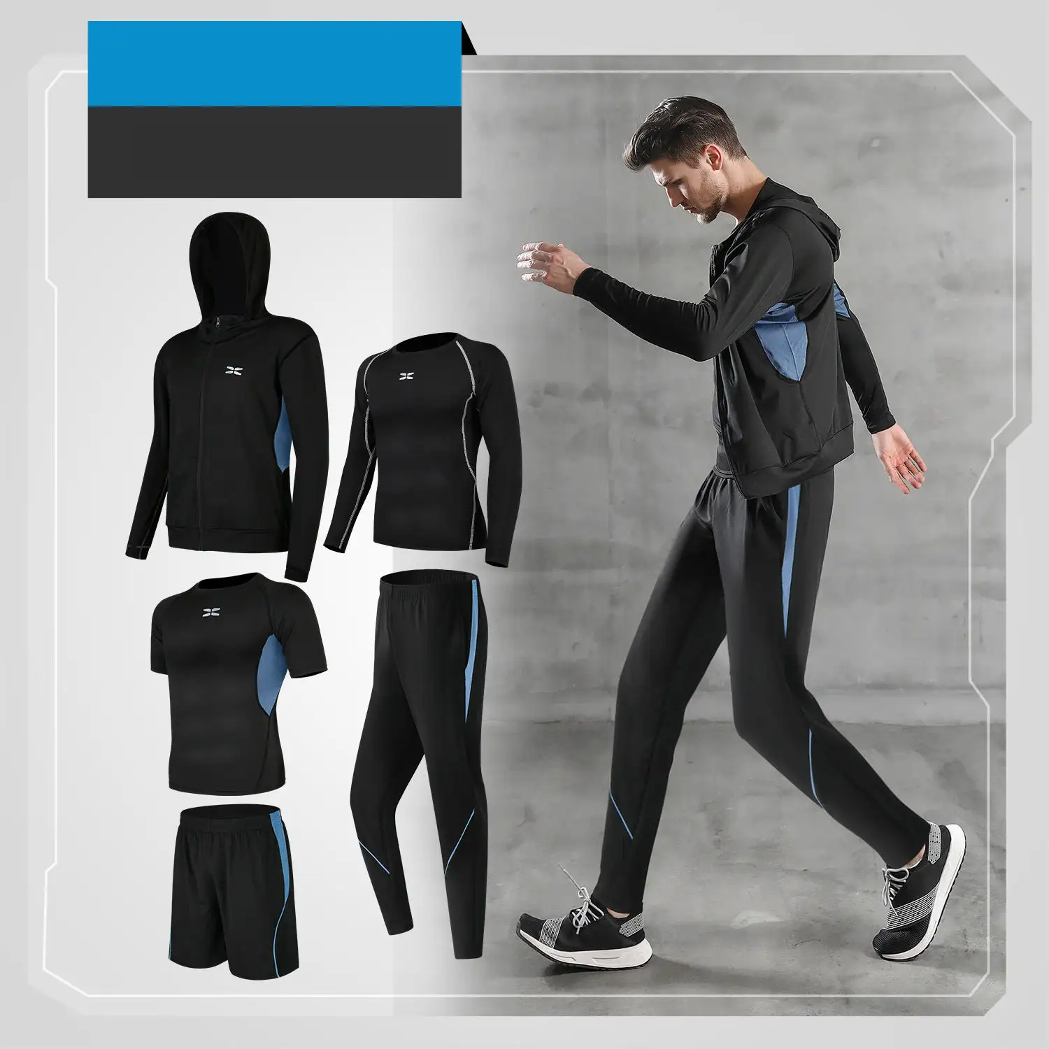 2023 High Quality 5 Piece Set Lightweight Multifunctional Breathable Outdoor Sport Plus Size Gym Suits Slim Fit Set For Men