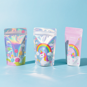 Impression numérique Preuve d'odeur Stand up Pochette à fermeture éclair Feuille d'aluminium de qualité alimentaire Bonbons holographiques Mylar Sacs à fermeture éclair - Product Image 3