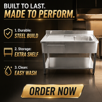 Meja kerja Stainless Steel Universal, dengan wastafel dan Laci kabinet penyimpanan