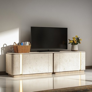 Meuble TV moderne et élégant à cannelures doubles portes d'armoire meuble TV de salon Meuble TV autoportant - Product Image 1