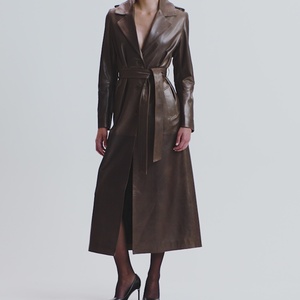 Abrigo de cuero largo de otoño con cinturón, bolsillos grandes, cintura ajustable, estilo moderno, chaqueta cortavientos de un solo botón - Product Image 3