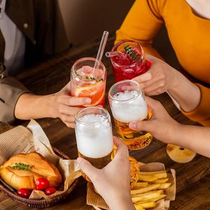 Verre à boire pour Bubble Tea, jus, café glacé, boissons froides, verre en forme de canette de bière pour sublimation avec couvercle en bambou et paille - Product Image 4